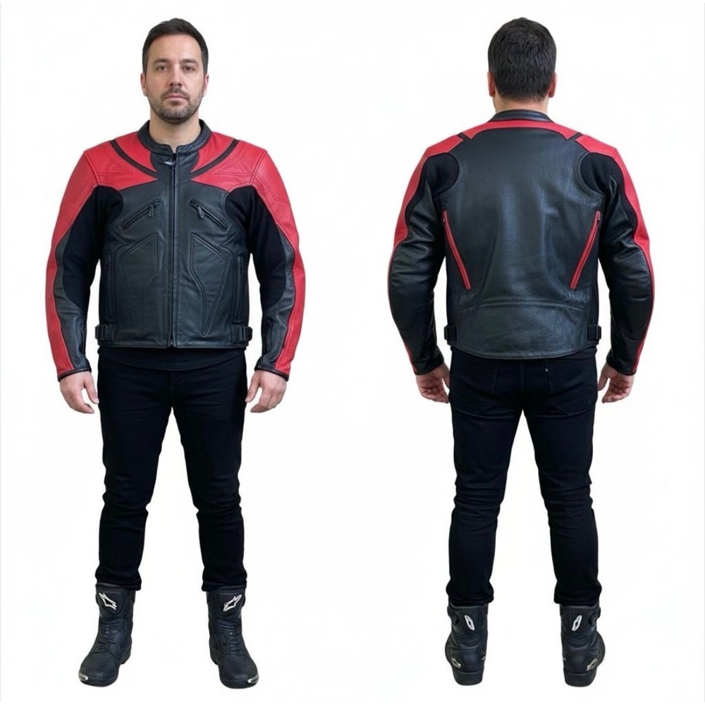 Leather King Motorcycle Jacket Black Red‎ Mens XL Quilted Body Panels Lined Zip